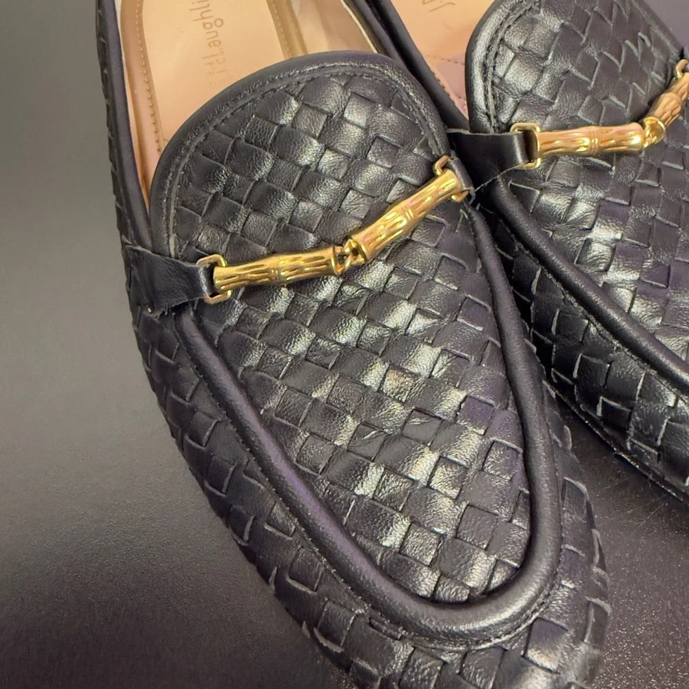 J. McLaughin Woven Leather Gold Horsebit Loafers Womens 6.5 Black Slip On Shoes